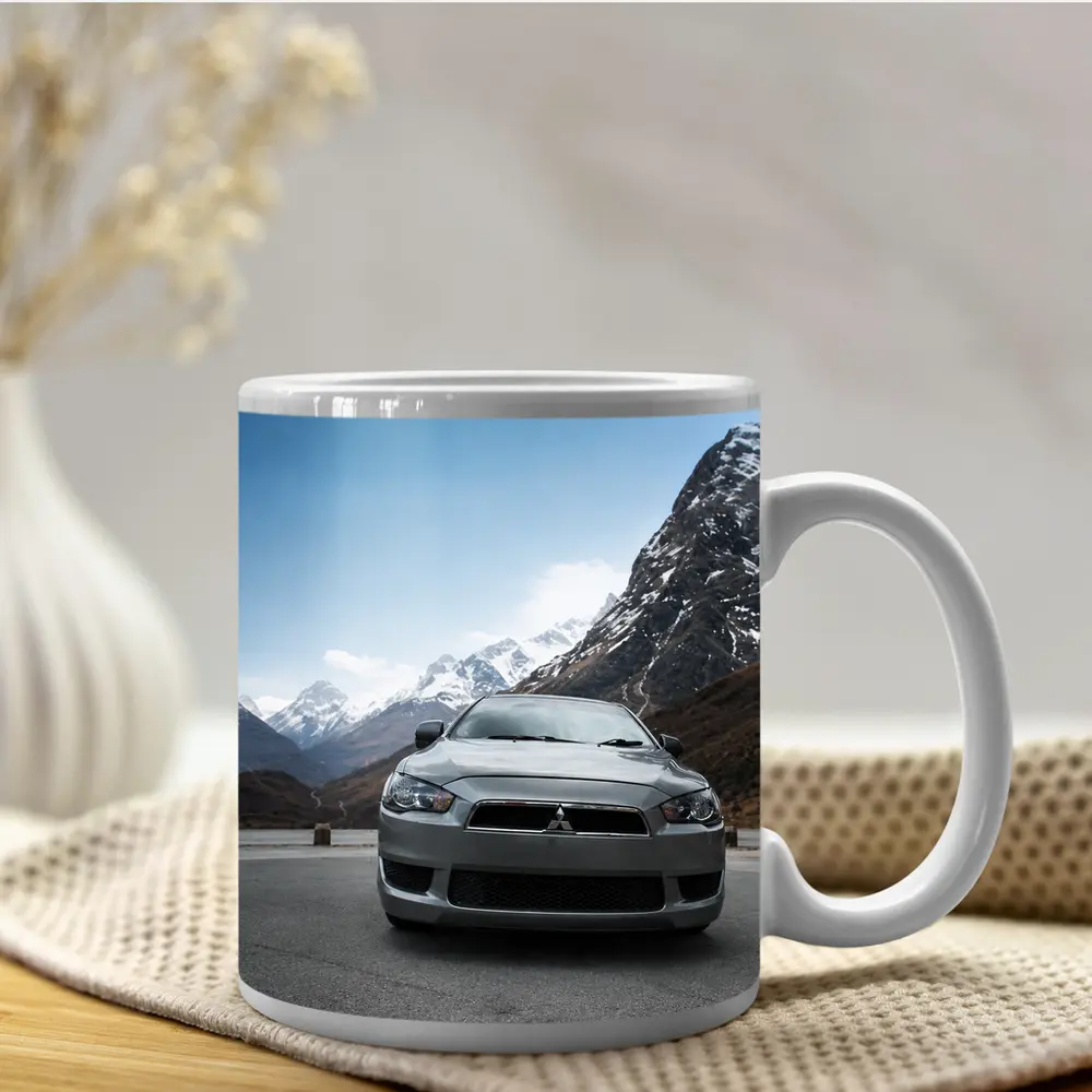 Mitsubishi Lancer Front View Snowy Mountains – Mugs