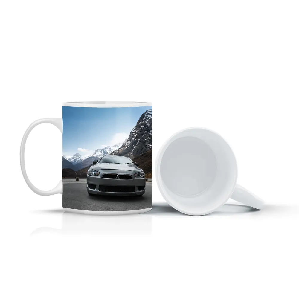 Mitsubishi Lancer Front View Snowy Mountains – Mugs