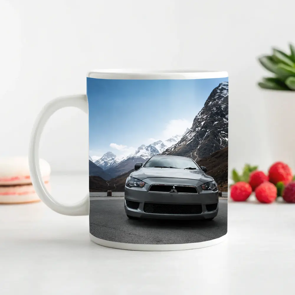 Mitsubishi Lancer Front View Snowy Mountains – Mugs