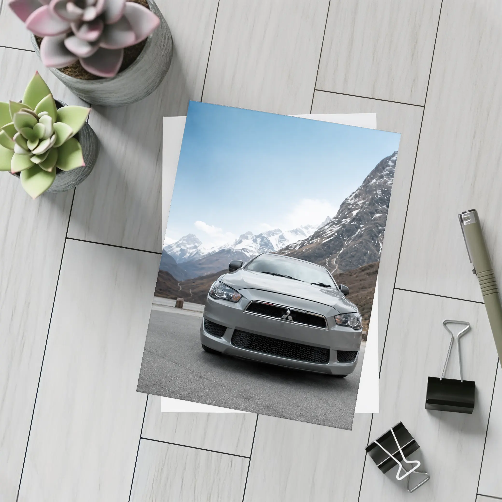 Mitsubishi Lancer Front View Snowy Mountains – Postcards