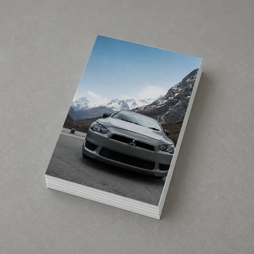 Mitsubishi Lancer Front View Snowy Mountains – Postcards