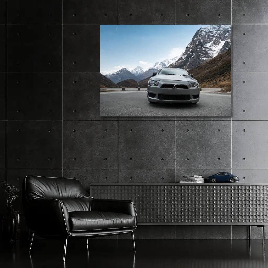 Mitsubishi Lancer Front View Snowy Mountains – Wall Art