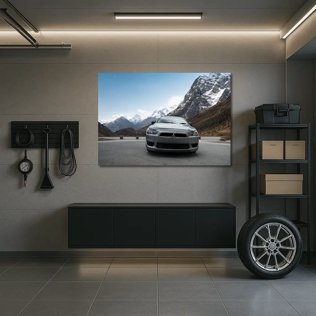 Mitsubishi Lancer Front View Snowy Mountains – Wall Art