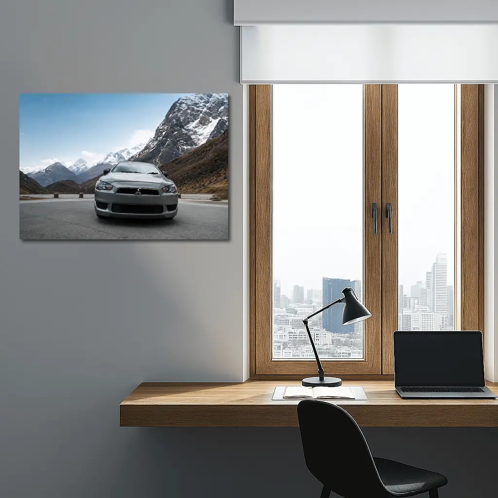 Mitsubishi Lancer Front View Snowy Mountains – Wall Art