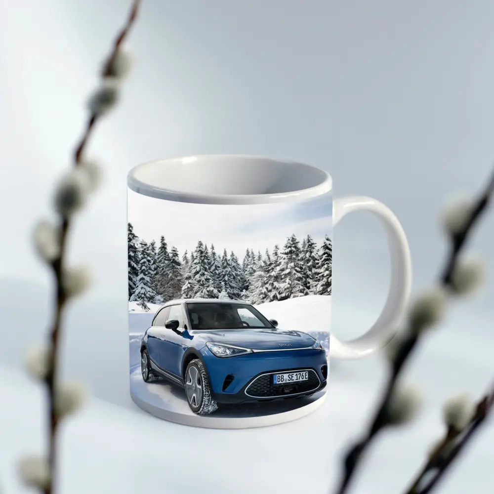 Smart Car Blue SUV Snowy Winter Forest – Mugs