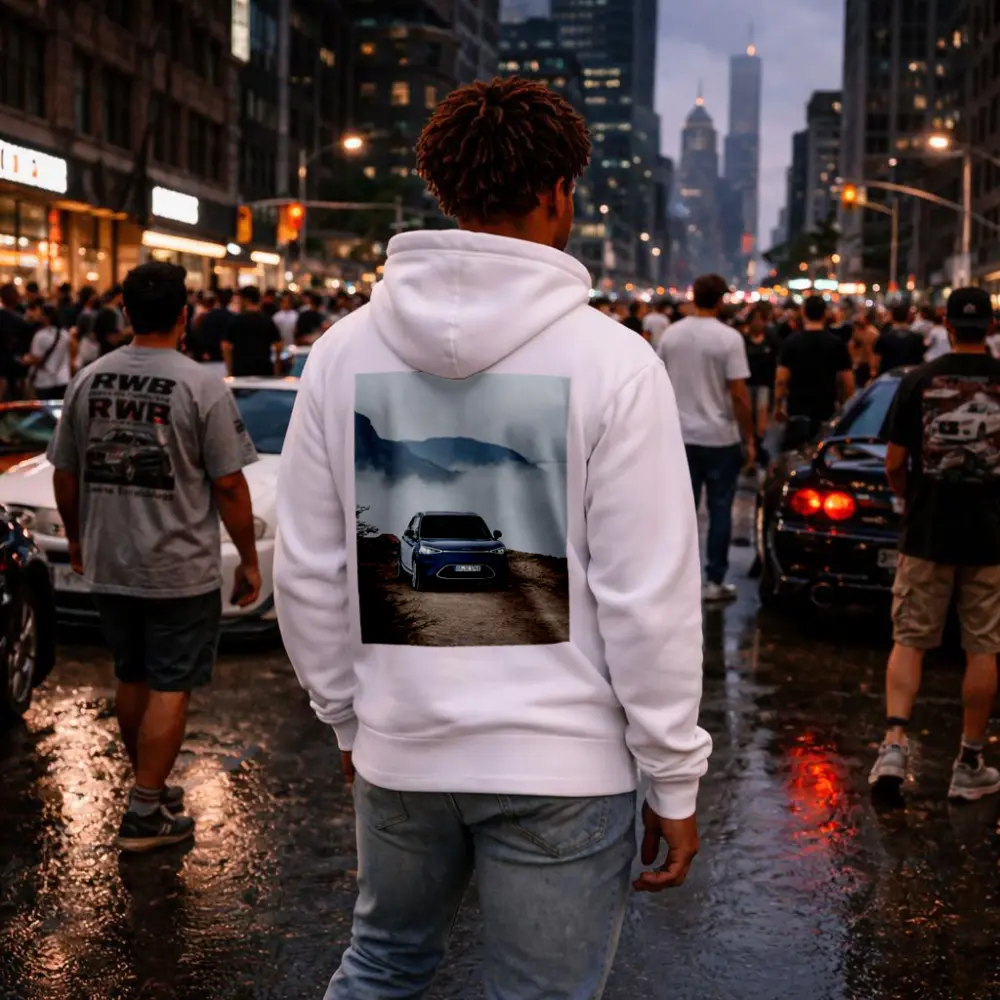 Smart Car Blue Parked Mountain Fog – Hoodies
