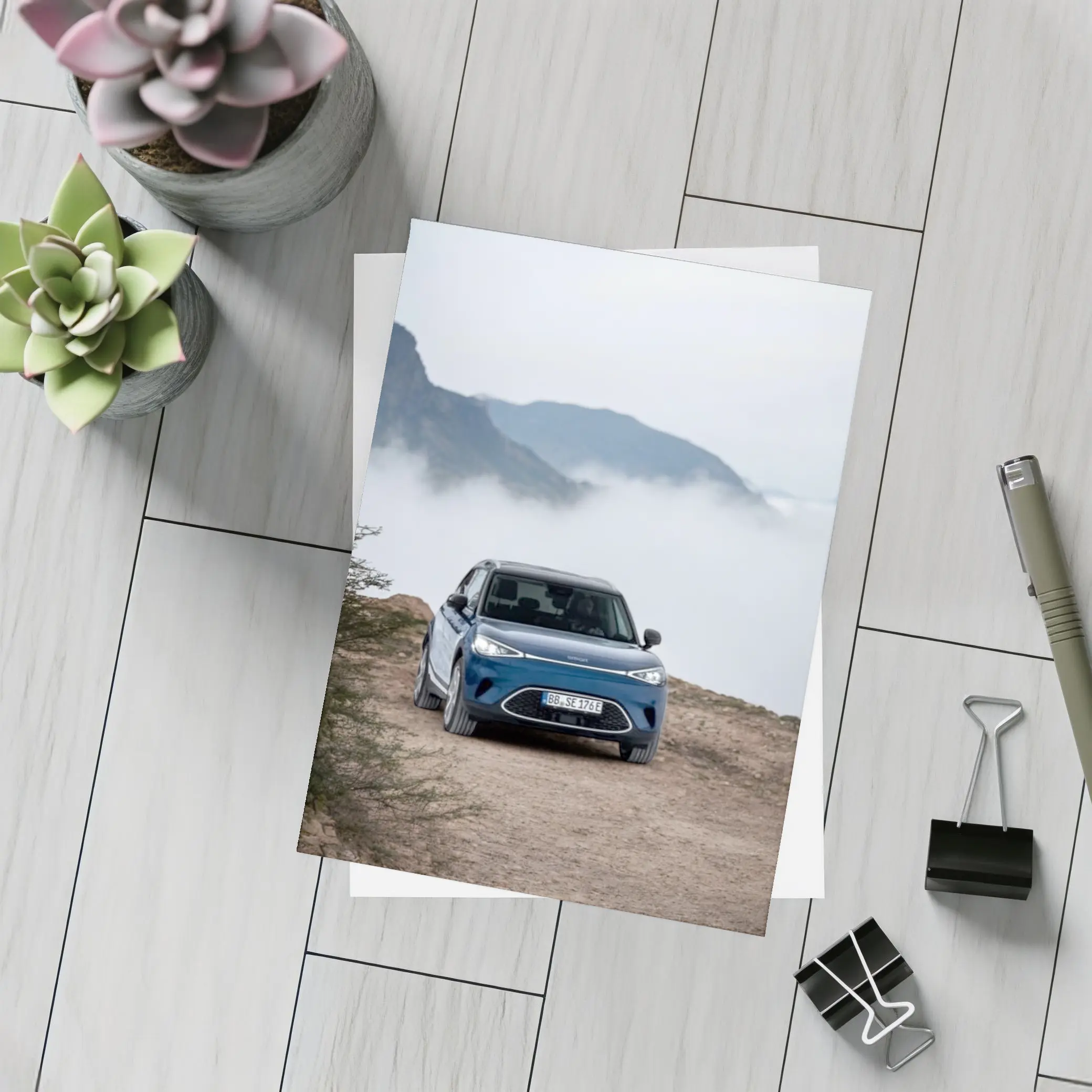 Smart Car Blue Parked Mountain Fog – Postcards