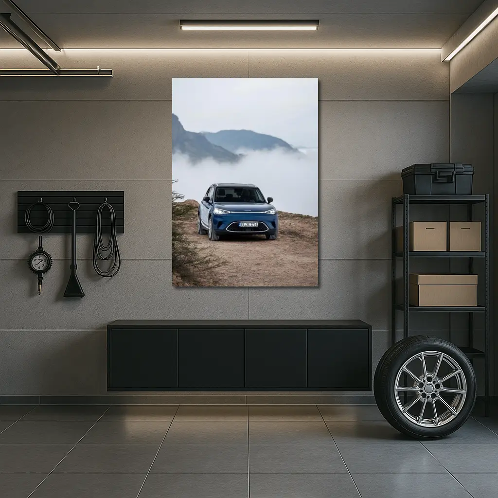 Smart Car Blue Parked Mountain Fog – Wall Art