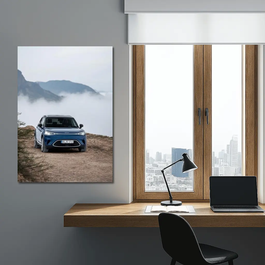 Smart Car Blue Parked Mountain Fog – Wall Art