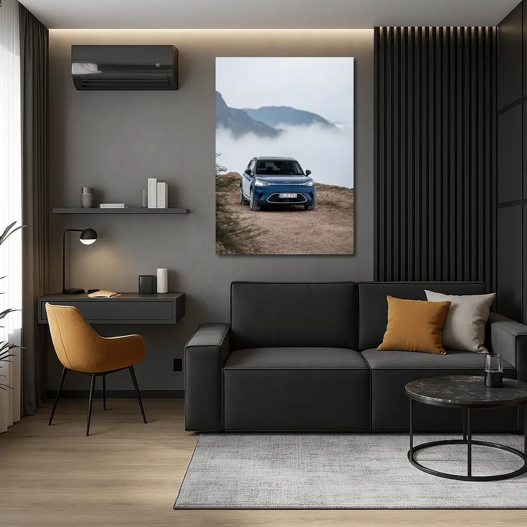 Smart Car Blue Parked Mountain Fog – Wall Art