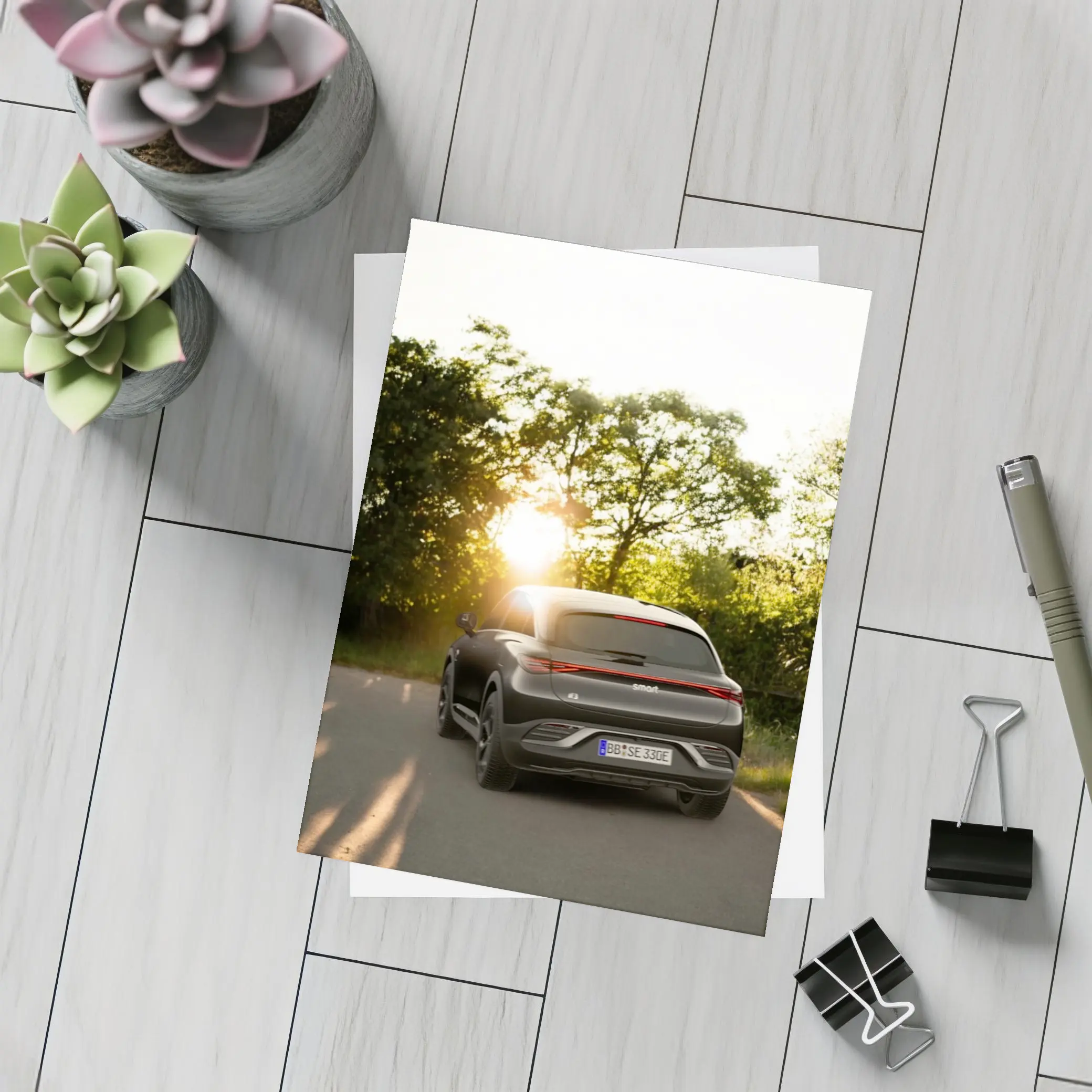 Smart Car Driving Road Golden Sunset Light – Postcards