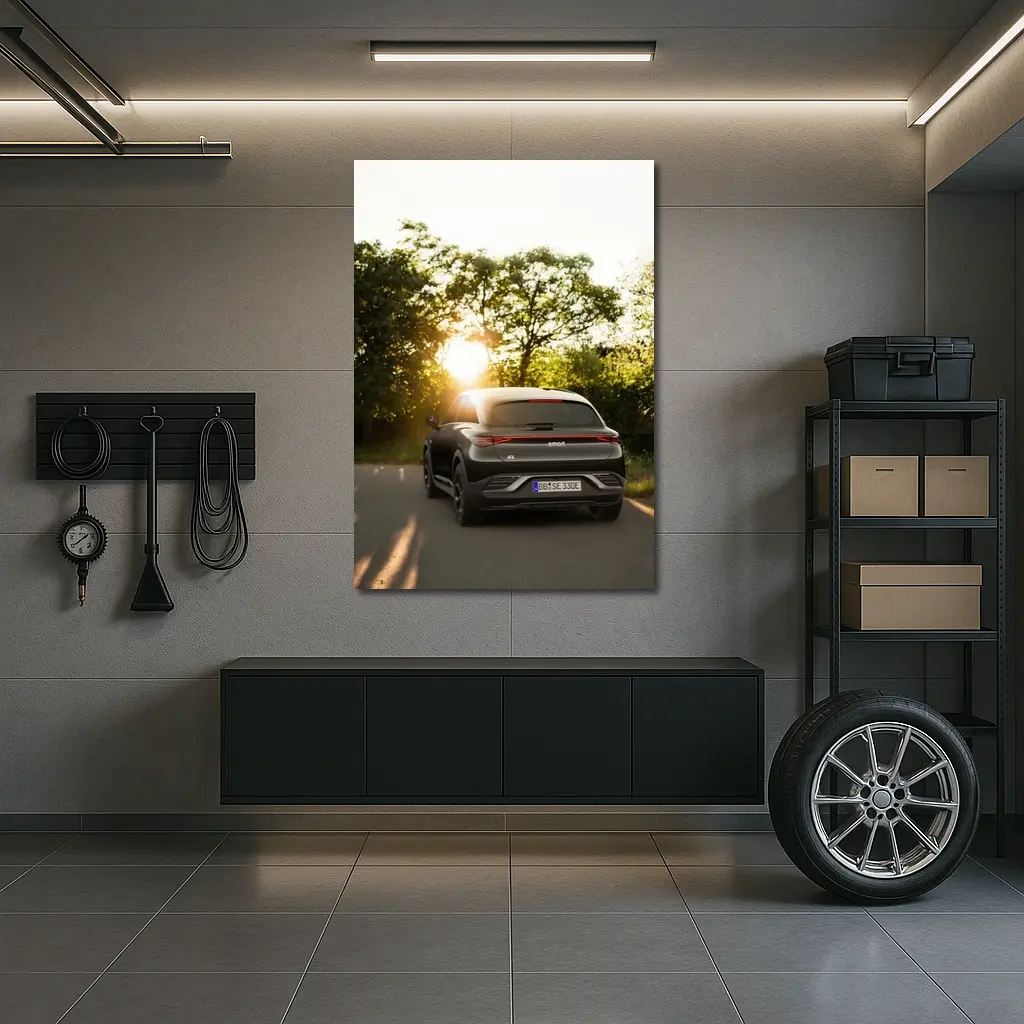 Smart Car Driving Road Golden Sunset Light – Wall Art