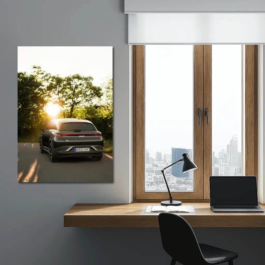 Smart Car Driving Road Golden Sunset Light – Wall Art