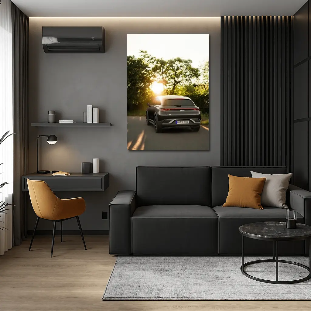 Smart Car Driving Road Golden Sunset Light – Wall Art