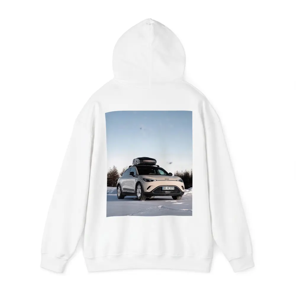 Smart Car Parked On Snowy Winter Landscape – Hoodies