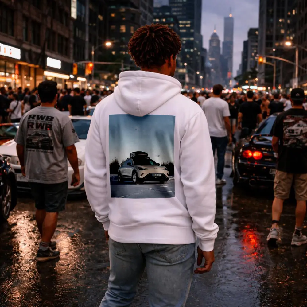Smart Car Parked On Snowy Winter Landscape – Hoodies