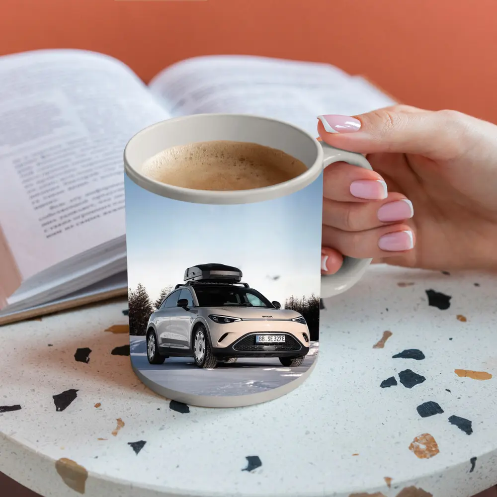 Smart Car Parked On Snowy Winter Landscape – Mugs