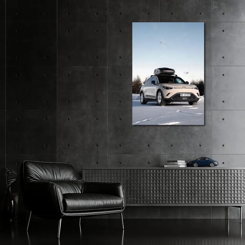 Smart Car Parked On Snowy Winter Landscape – Wall Art