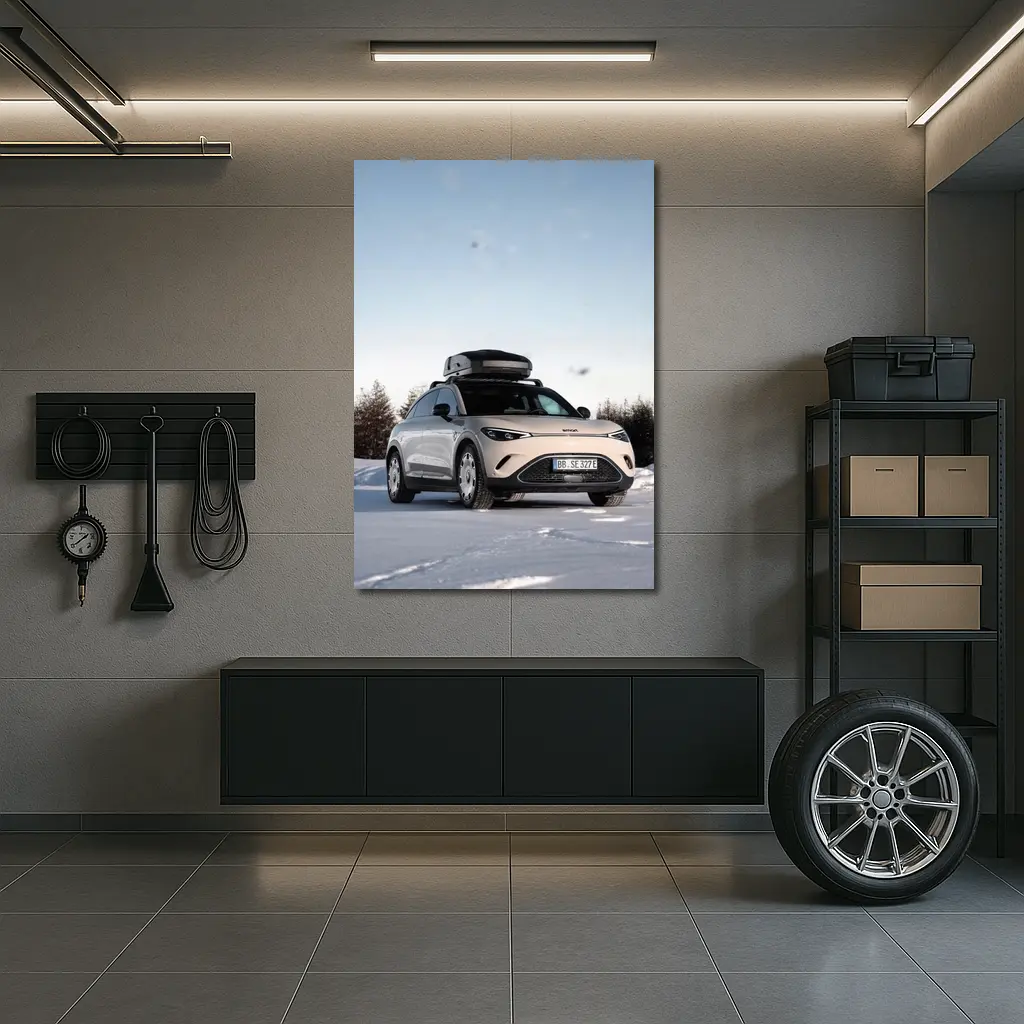 Smart Car Parked On Snowy Winter Landscape – Wall Art