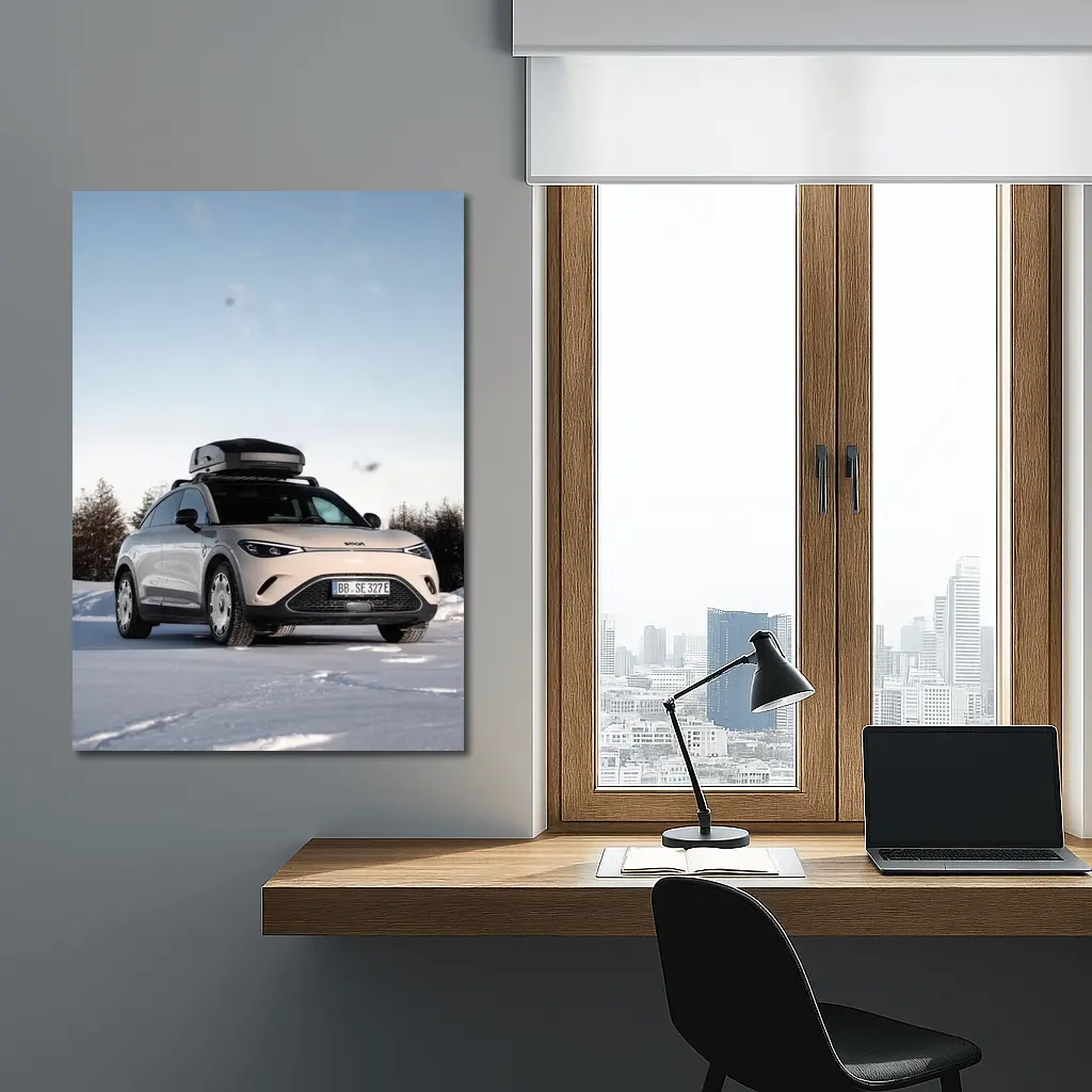 Smart Car Parked On Snowy Winter Landscape – Wall Art