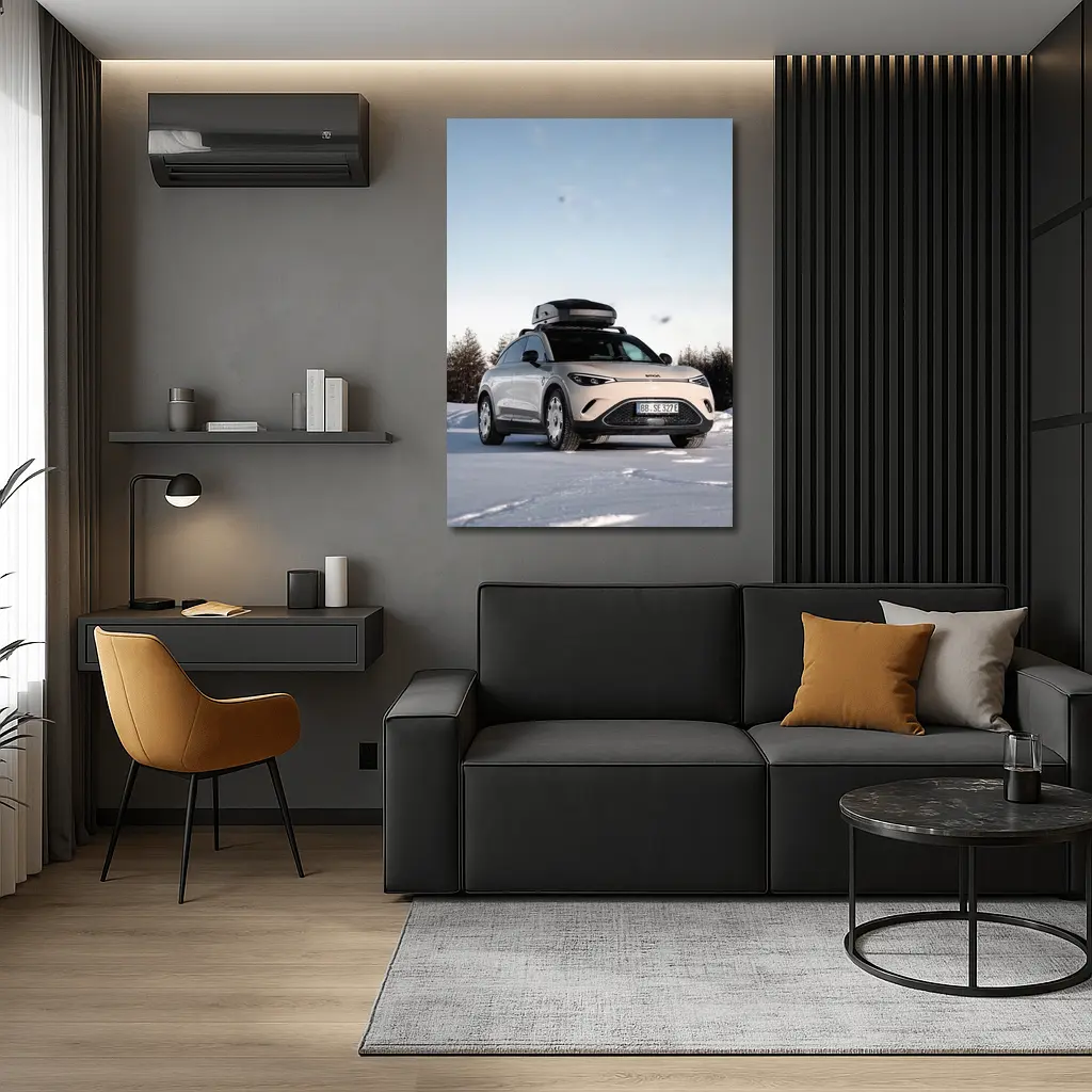Smart Car Parked On Snowy Winter Landscape – Wall Art
