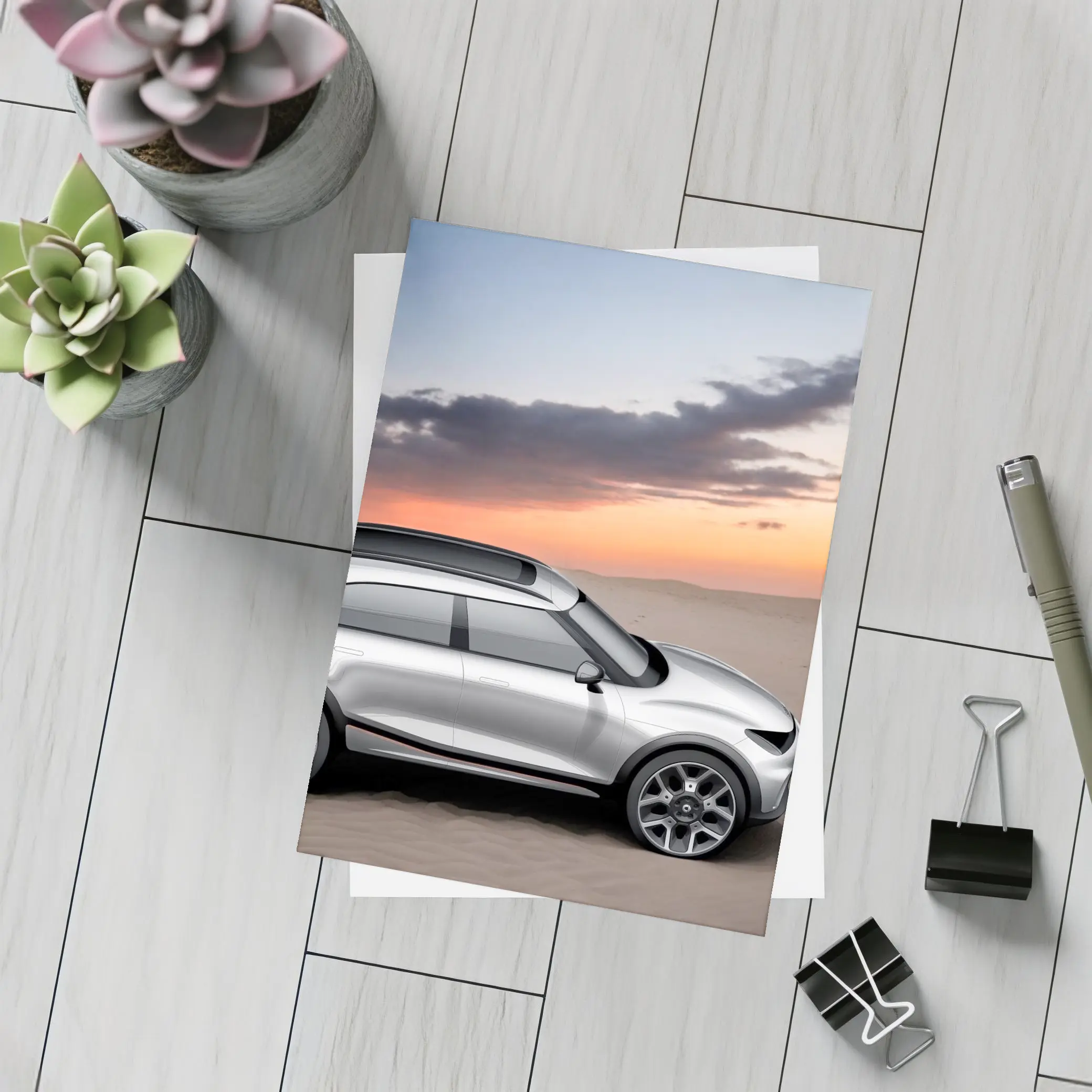 Smart Car Silver SUV Desert Sunset Scene – Postcards