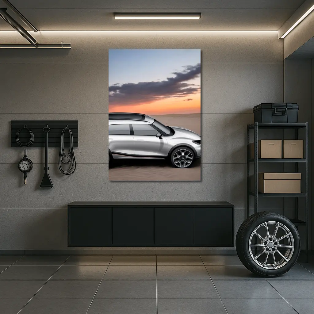 Smart Car Silver SUV Desert Sunset Scene – Wall Art