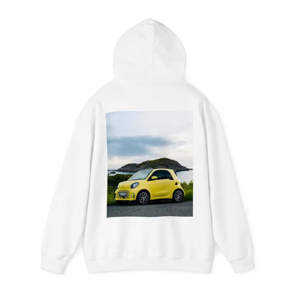 Smart Car Yellow Coastal Rocky Island Background – Hoodies