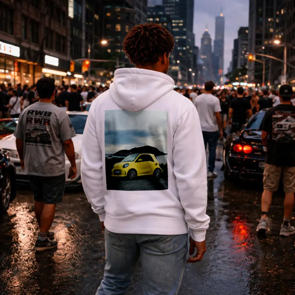 Smart Car Yellow Coastal Rocky Island Background – Hoodies