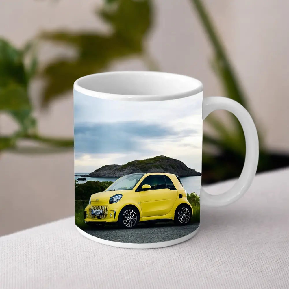 Smart Car Yellow Coastal Rocky Island Background – Mugs