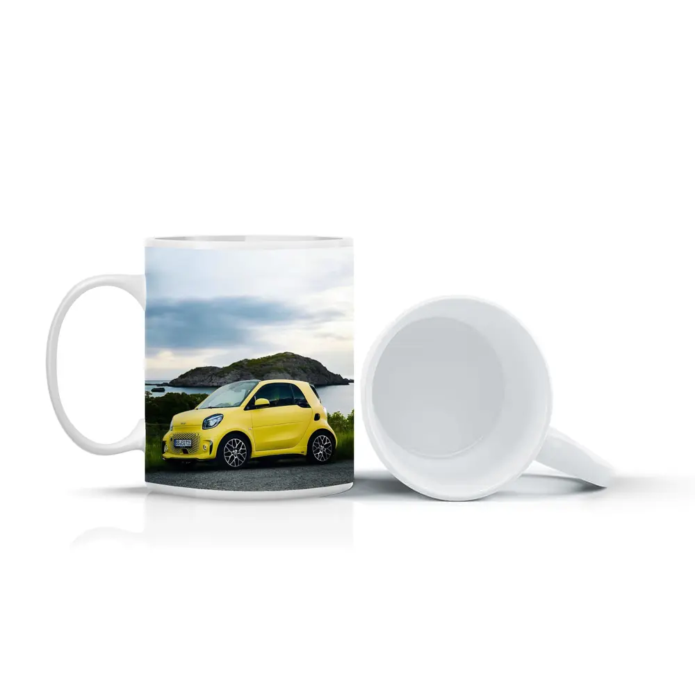 Smart Car Yellow Coastal Rocky Island Background – Mugs