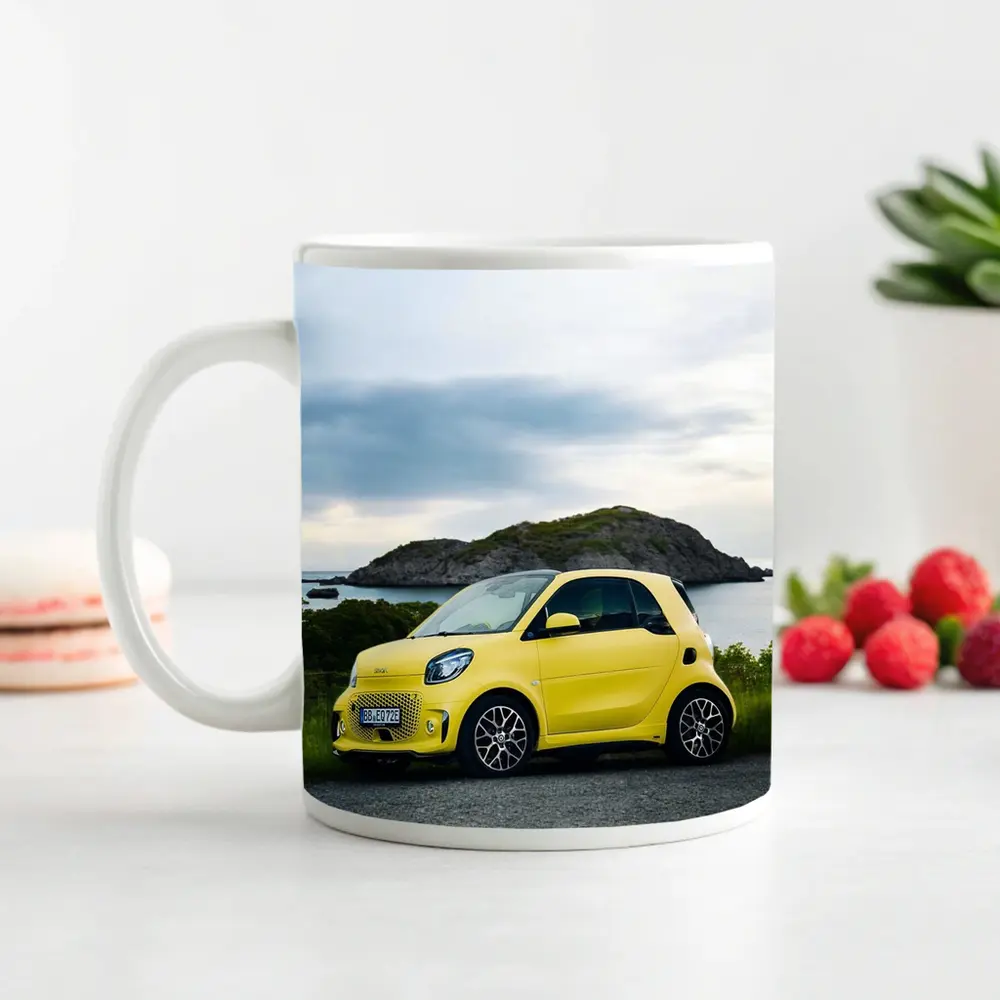 Smart Car Yellow Coastal Rocky Island Background – Mugs
