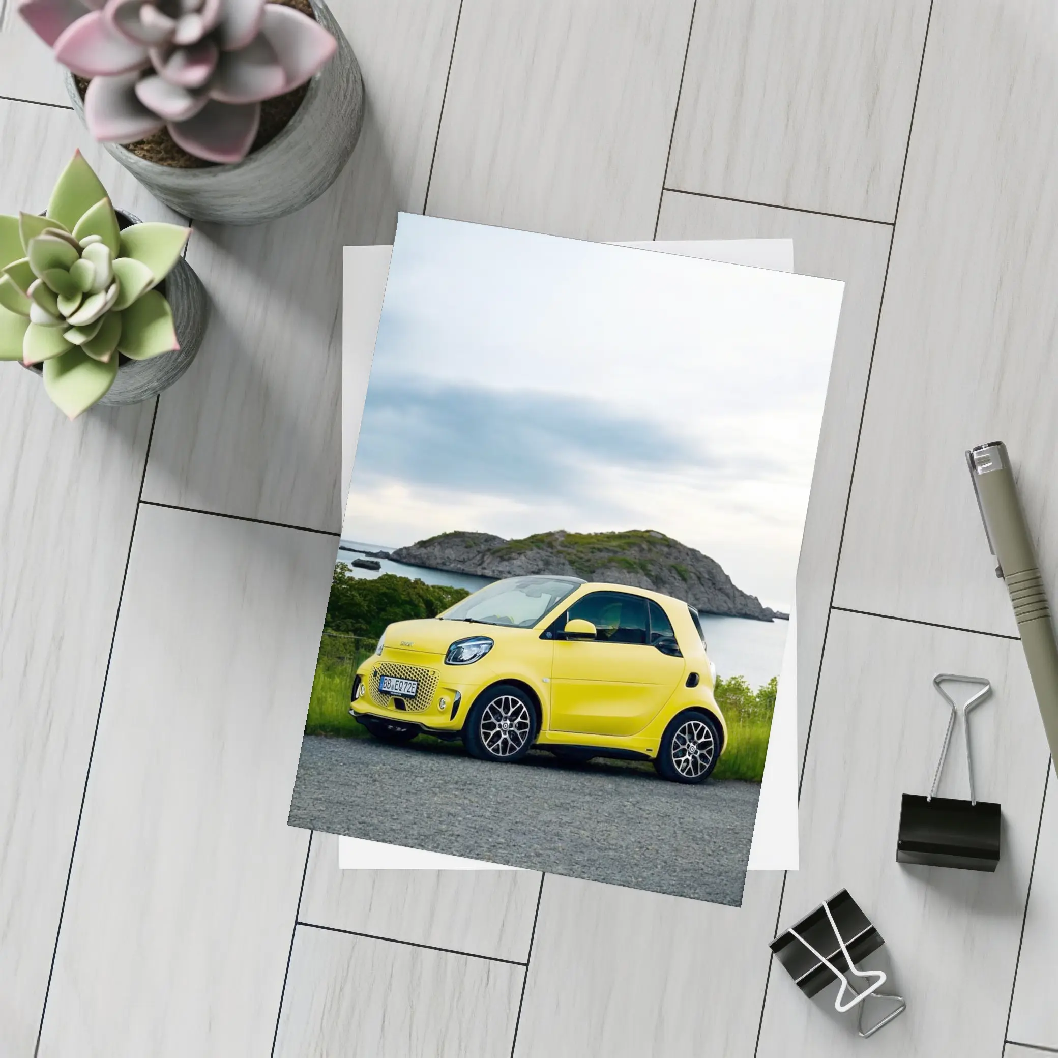 Smart Car Yellow Coastal Rocky Island Background – Postcards