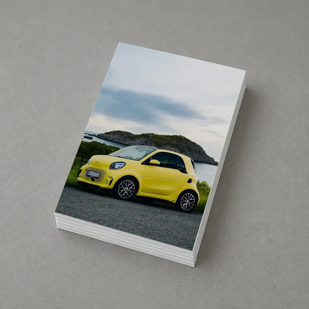 Smart Car Yellow Coastal Rocky Island Background – Postcards