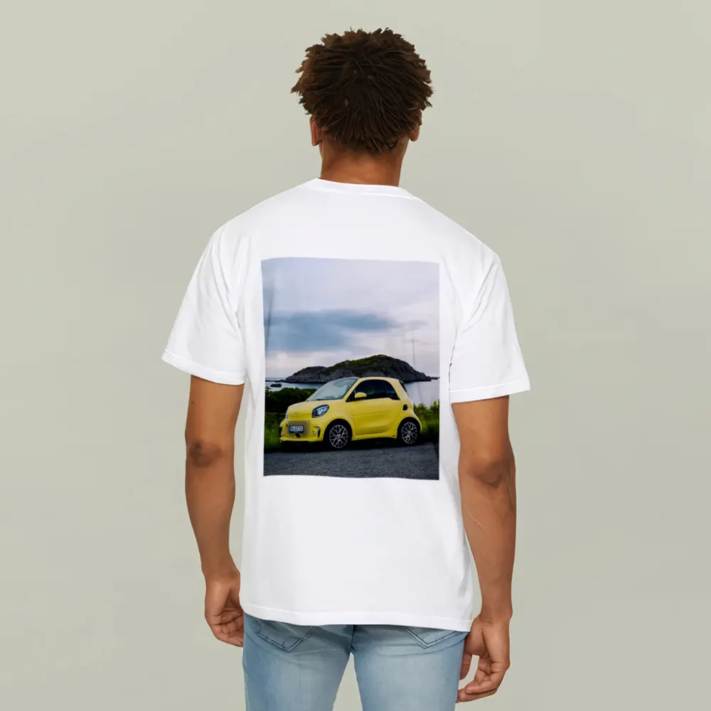Smart Car Yellow Coastal Rocky Island Background – T-Shirts