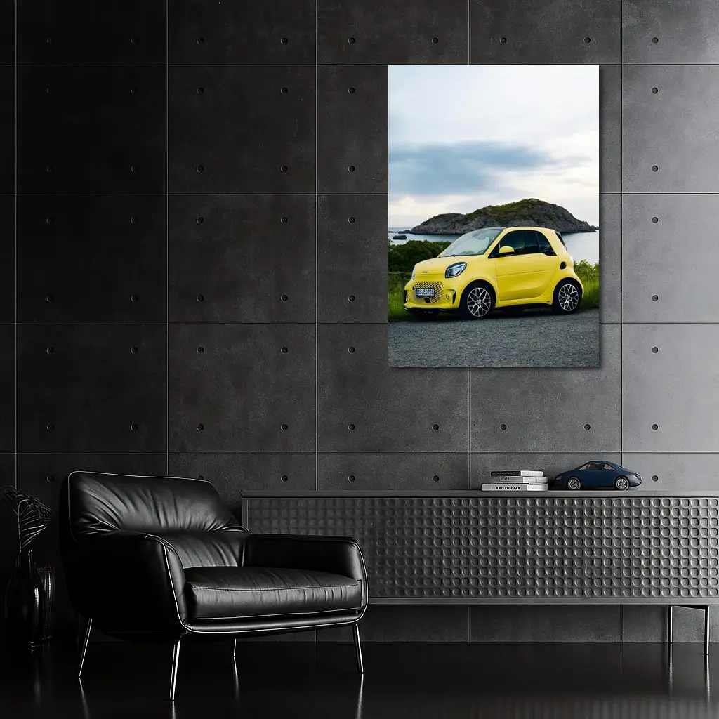 Smart Car Yellow Coastal Rocky Island Background – Wall Art