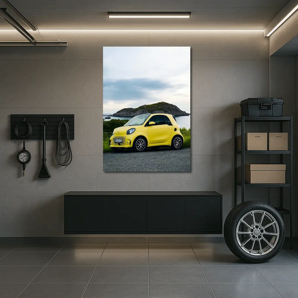 Smart Car Yellow Coastal Rocky Island Background – Wall Art