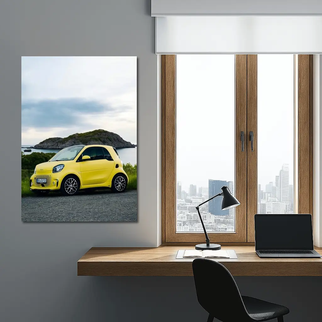Smart Car Yellow Coastal Rocky Island Background – Wall Art
