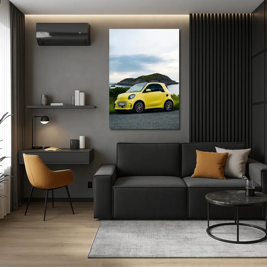 Smart Car Yellow Coastal Rocky Island Background – Wall Art