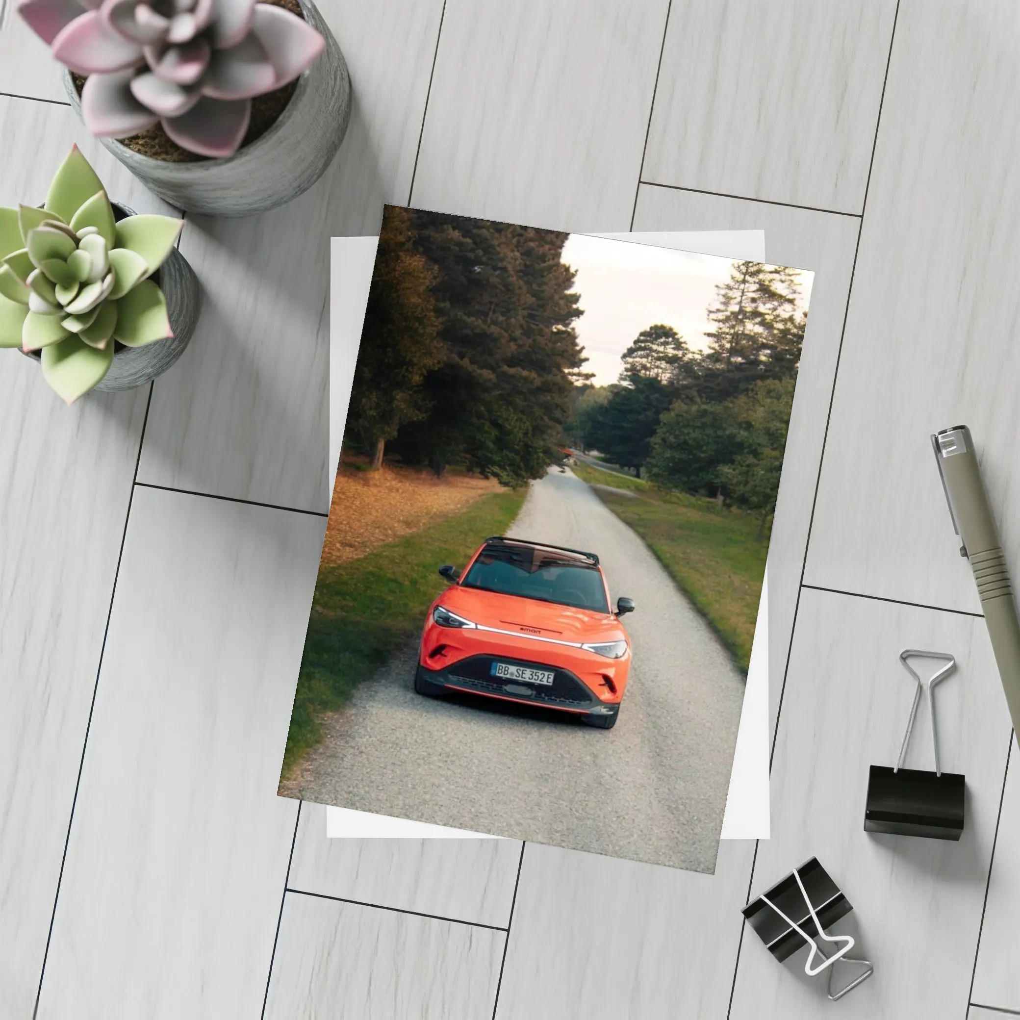 Smart Car Orange SUV Forest Road – Postcards