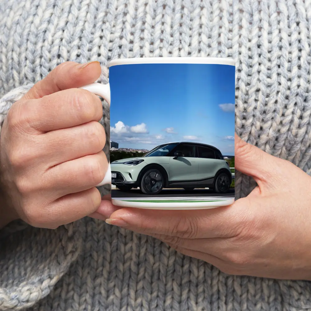 Smart Car Green Highway City Background – Mugs