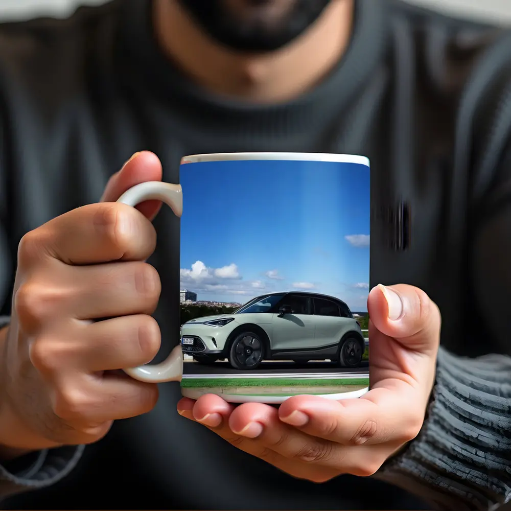 Smart Car Green Highway City Background – Mugs