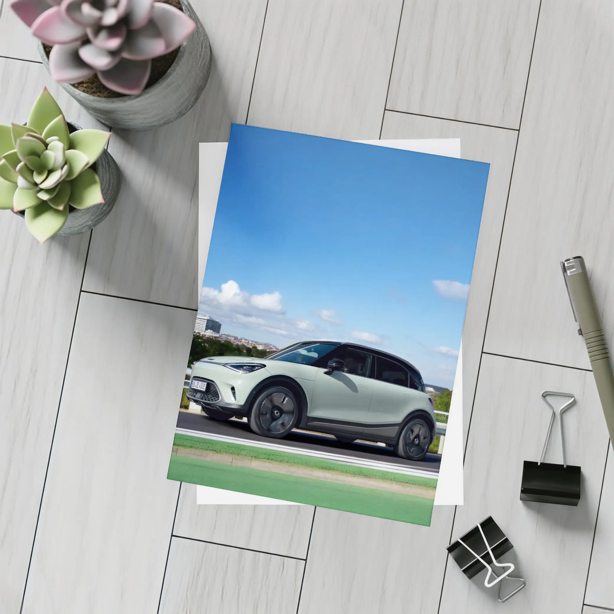 Smart Car Green Highway City Background – Postcards