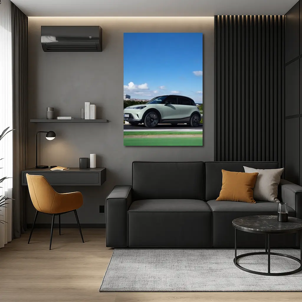 Smart Car Green Highway City Background – Wall Art