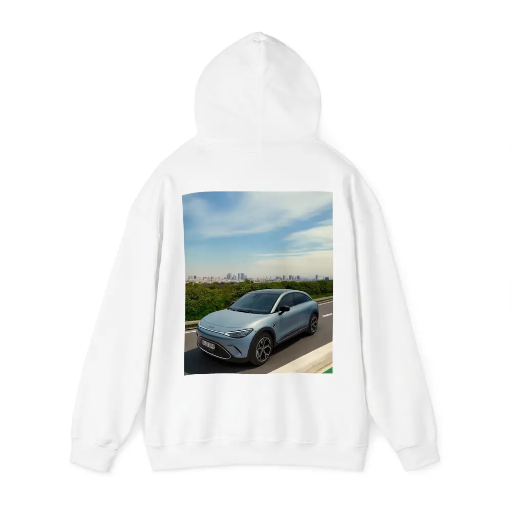 Smart Car Driving Highway City Skyline Background – Hoodies