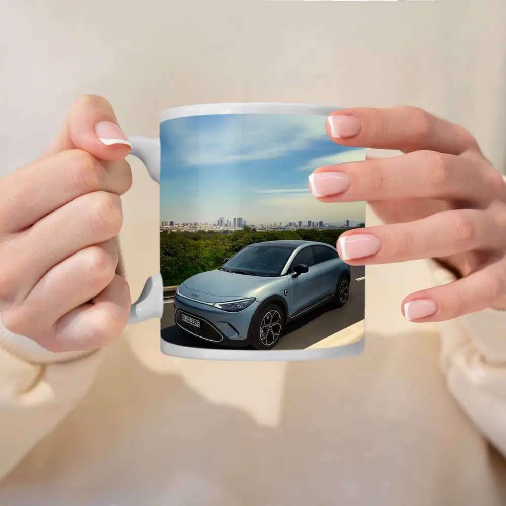 Smart Car Driving Highway City Skyline Background – Mugs