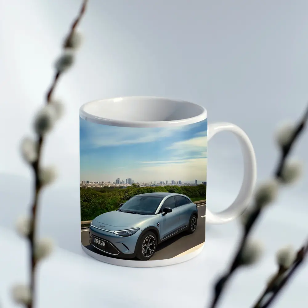 Smart Car Driving Highway City Skyline Background – Mugs