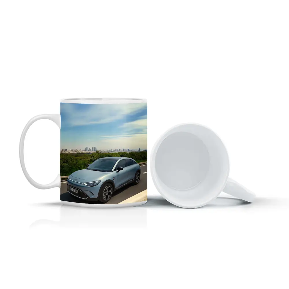 Smart Car Driving Highway City Skyline Background – Mugs