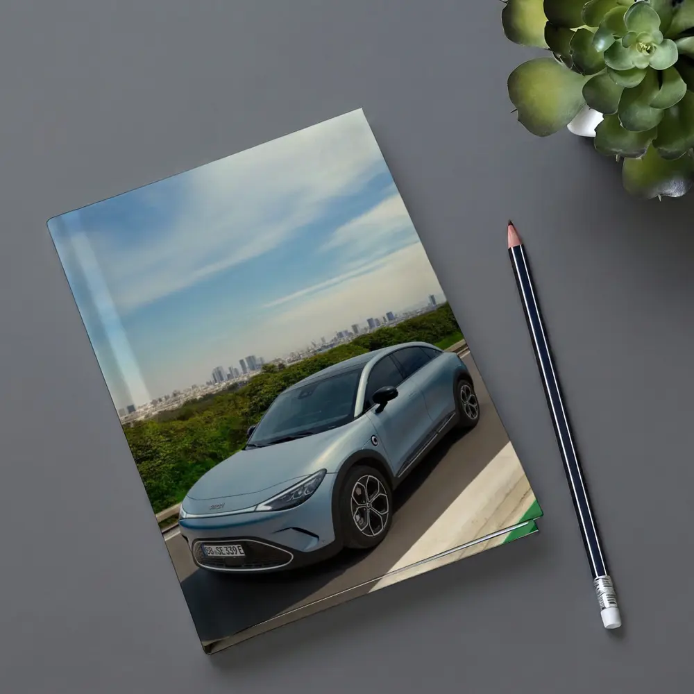Smart Car Driving Highway City Skyline Background – Notebooks