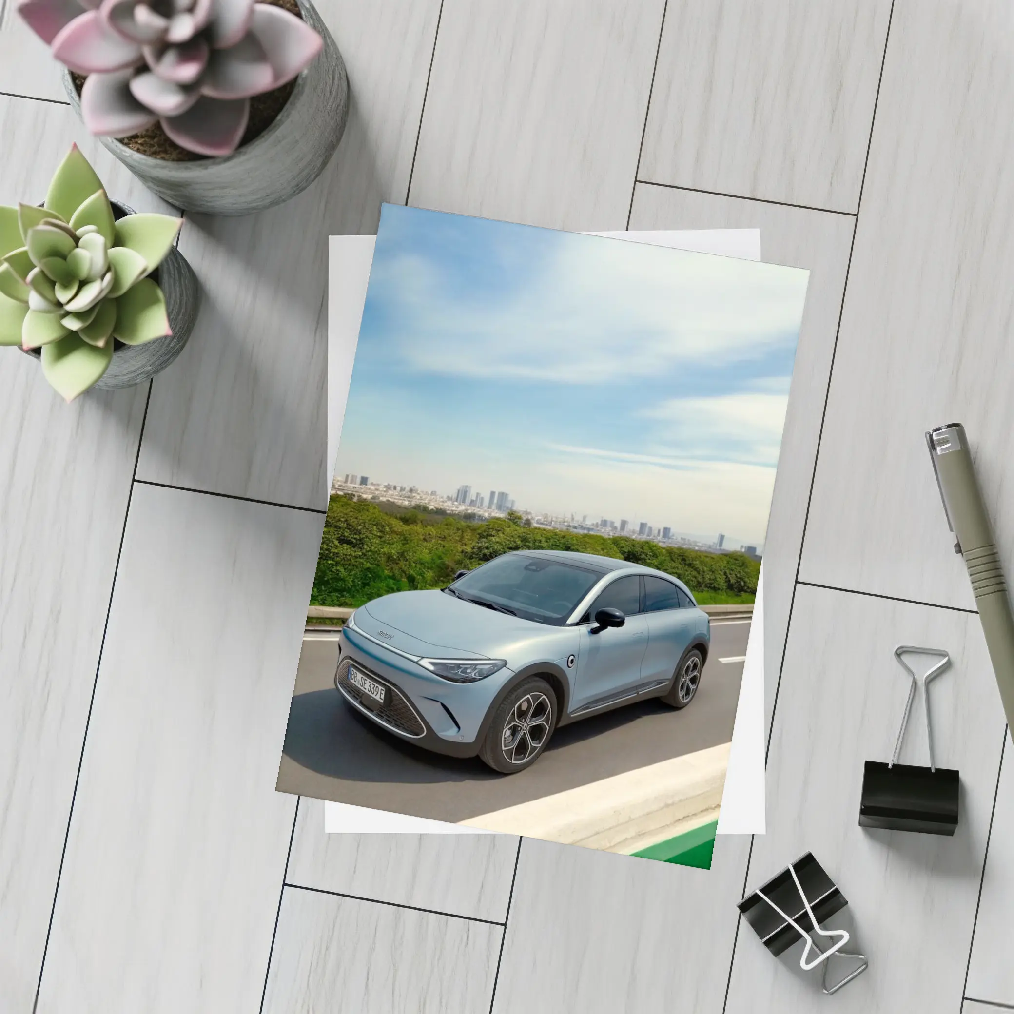 Smart Car Driving Highway City Skyline Background – Postcards